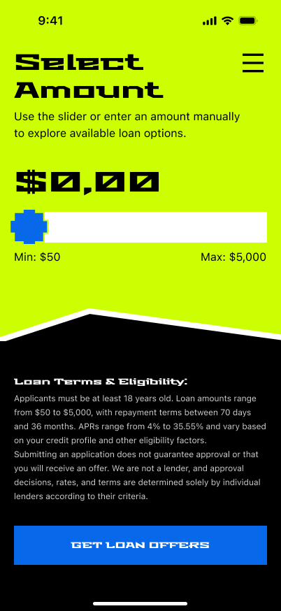 LoanMatch app: select loan amount screen