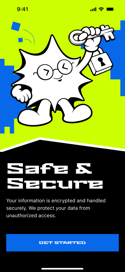 Onboarding: Safe and Secure screen